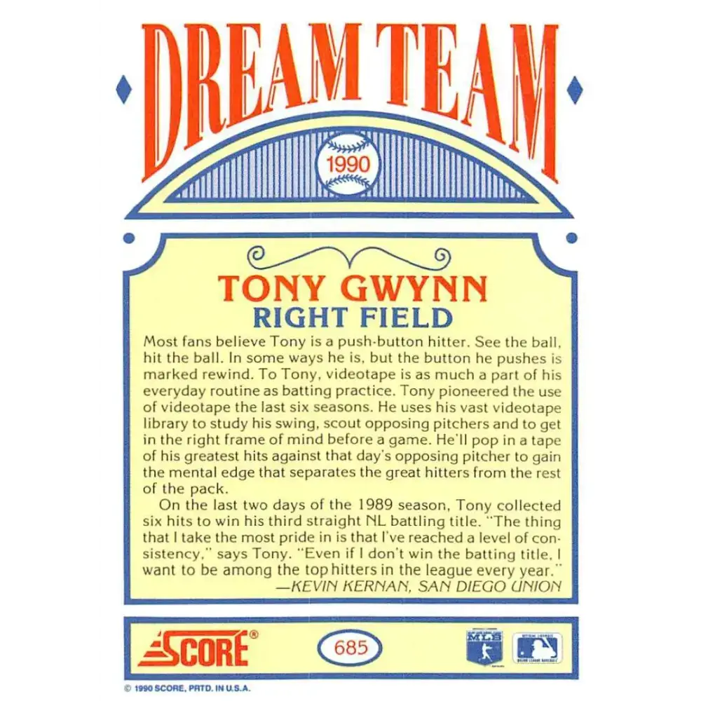 1990 Score #685 Tony Gwynn UER DT NM-MT San Diego Padres Baseball Card - Baseball Card Single