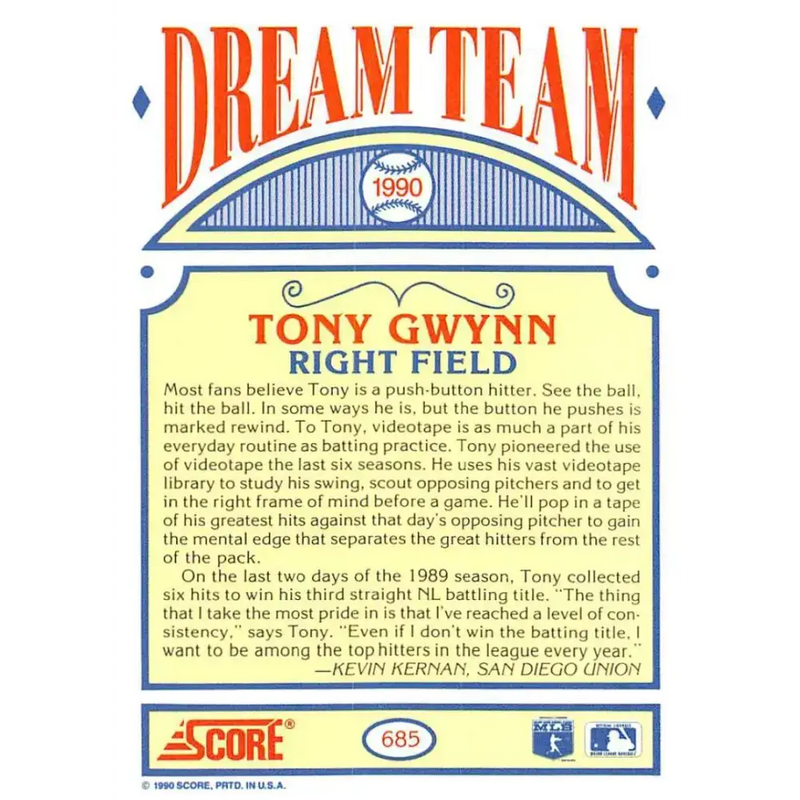 1990 Score #685 Tony Gwynn UER DT NM-MT San Diego Padres Baseball Card - Baseball Card Single
