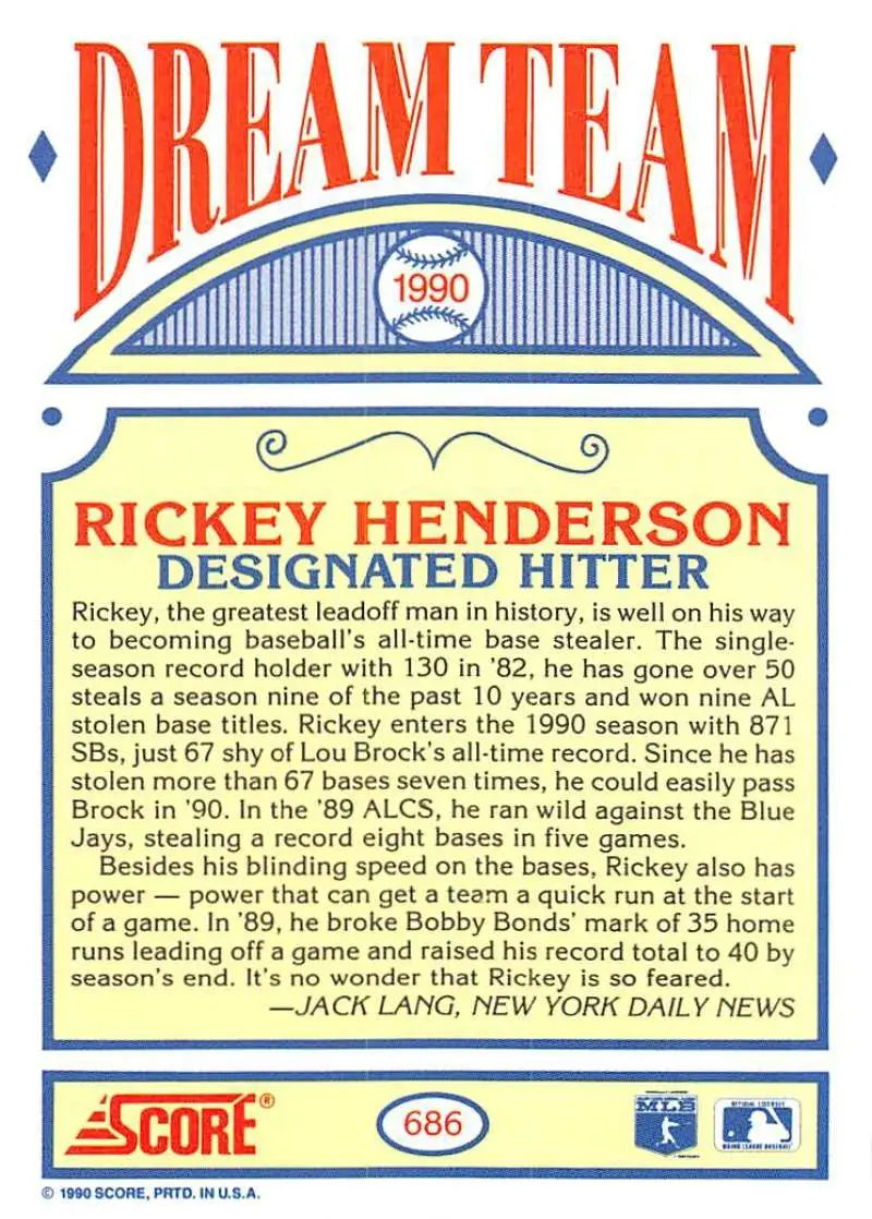 1990 Score #686 Rickey Henderson EX Excellent Oakland Athletics Baseball Card - Baseball Card Single