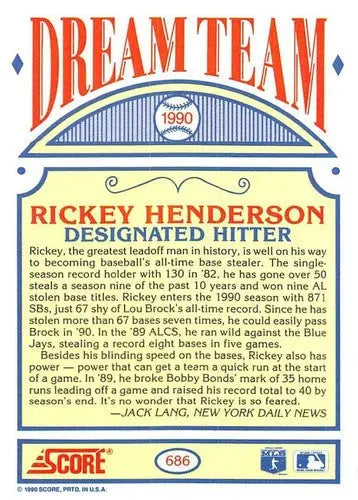 1990 Score #686 Rickey Henderson NM-MT Athletics DT ID:13946 - Baseball Card Single