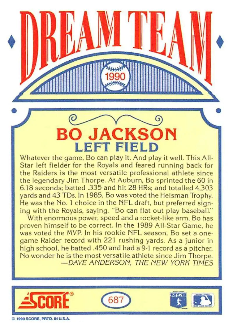 1990 Score #687 Bo Jackson EX Excellent Kansas City Royals Baseball Card - Baseball Card Single