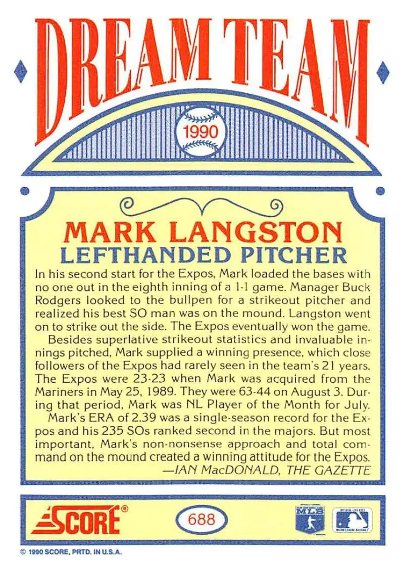 1990 Score #688 Mark Langston EX Excellent Montreal Expos Baseball Card - Baseball Card Single