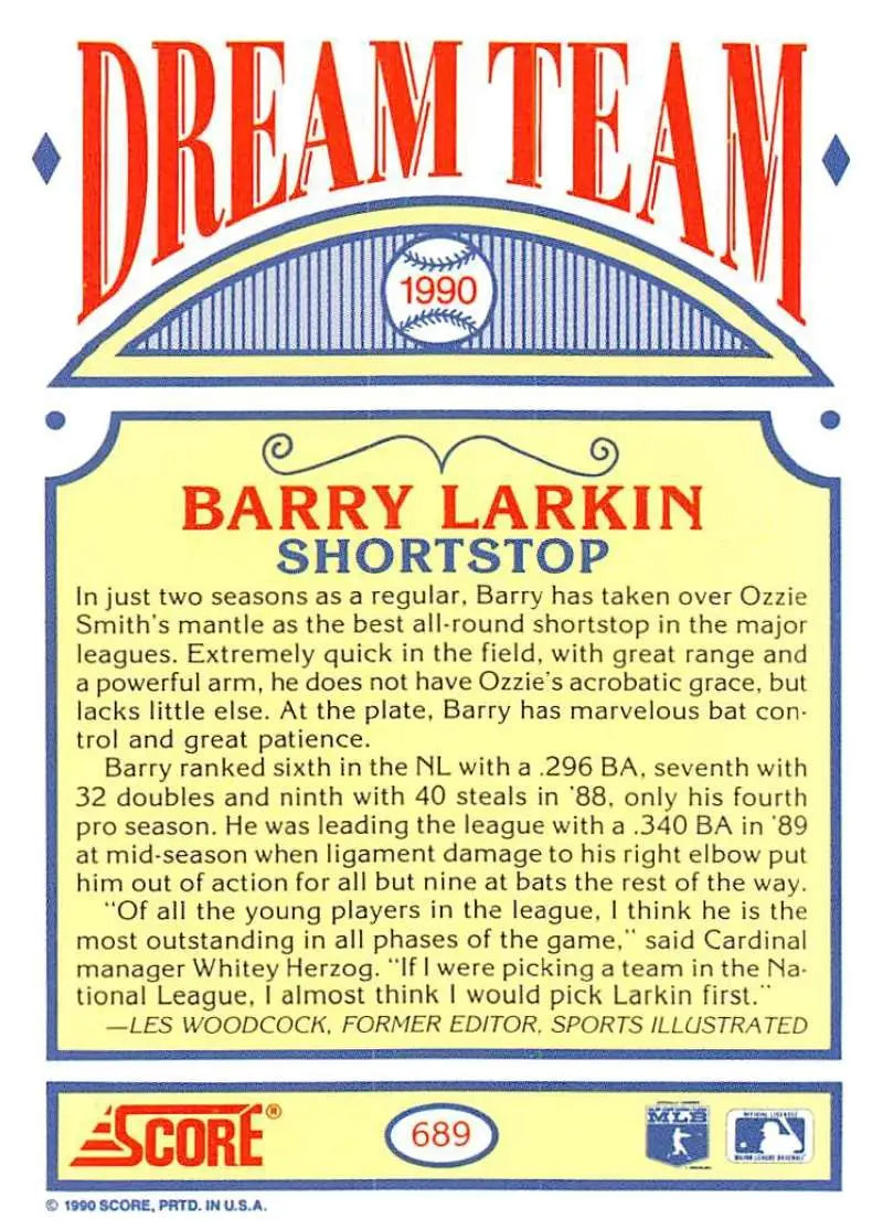 1990 Score #689 Barry Larkin EX Excellent Cincinnati Reds Baseball Card - Baseball Card Single