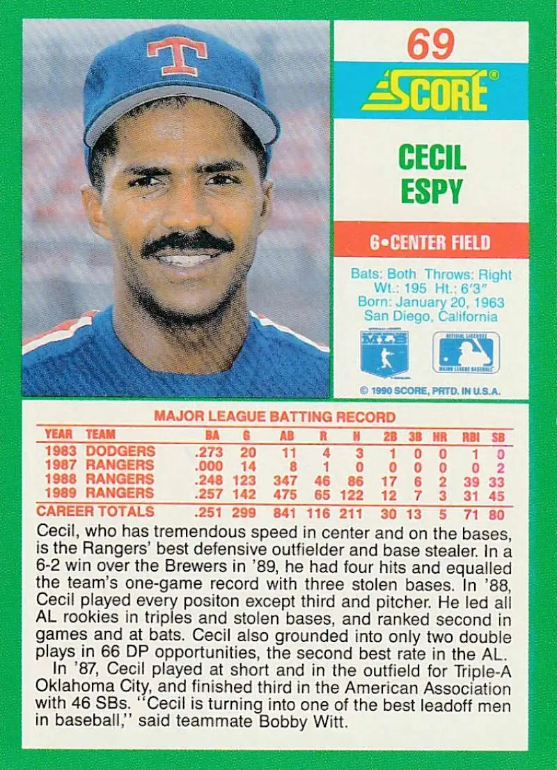 1990 Score #69 Cecil Espy EX Excellent Texas Rangers Baseball Card - Baseball Card Single