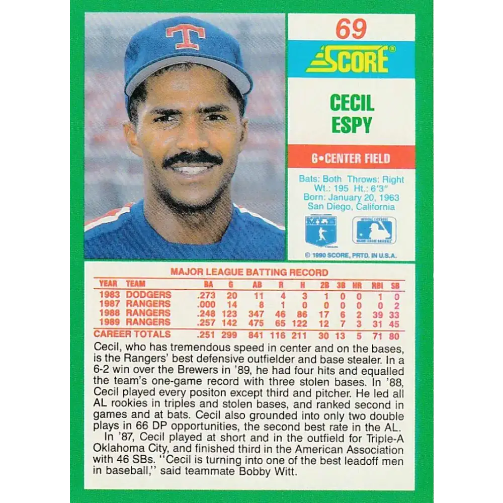 1990 Score #69 Cecil Espy NM-MT Texas Rangers Baseball Card - Baseball Card Single