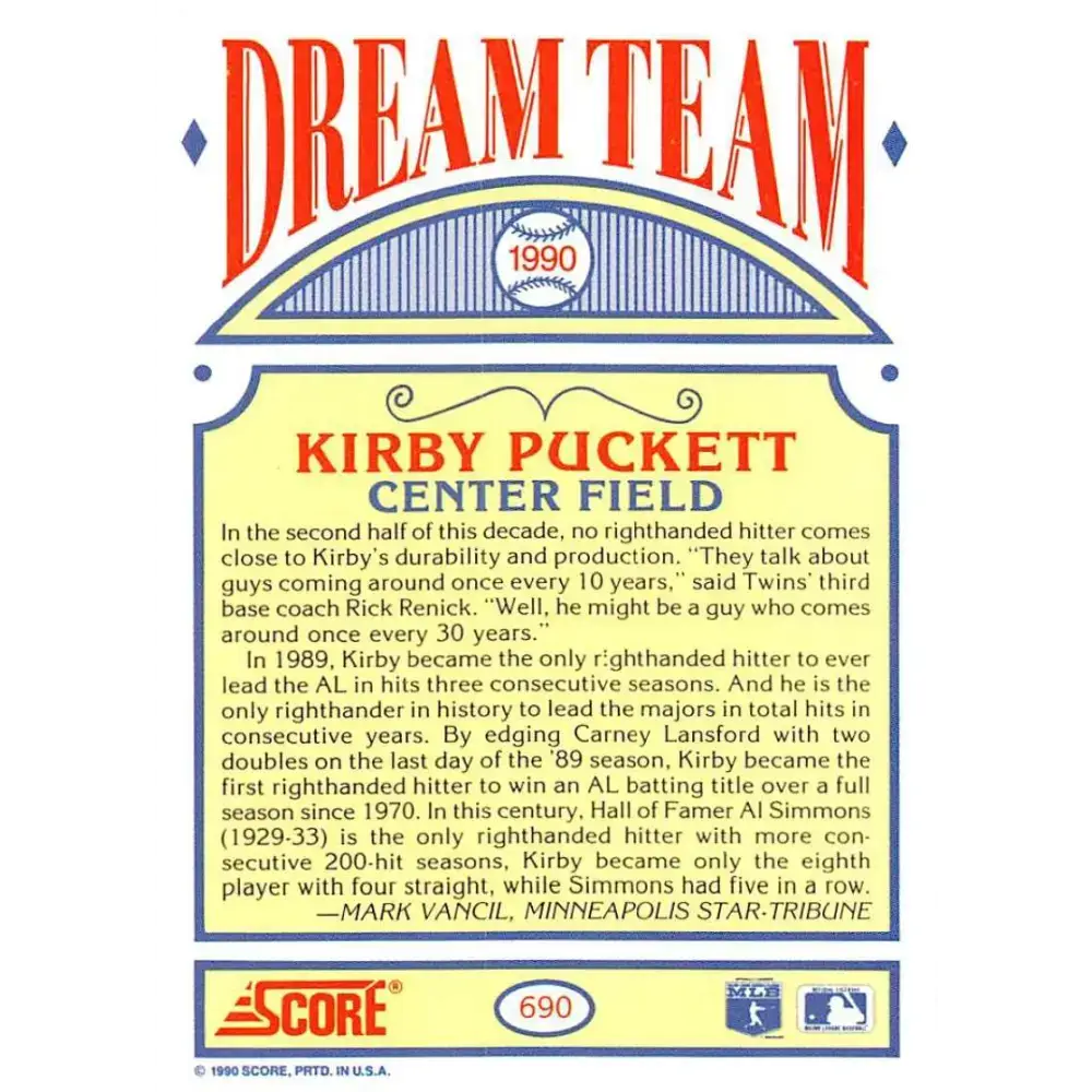 1990 Score #690 Kirby Puckett DT NM-MT Minnesota Twins Baseball Card - Baseball Card Single