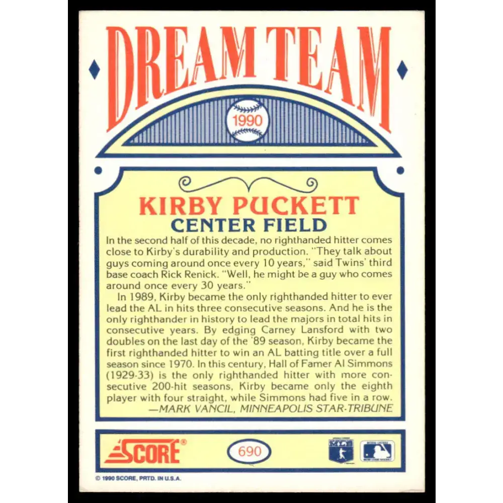 1990 Score #690 Kirby Puckett EX/NM Minnesota Twins Baseball Card - Baseball Card Single
