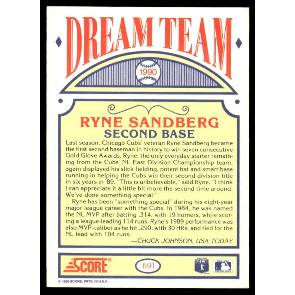 1990 Score #691 Ryne Sandberg EX Chicago Cubs Baseball Card - Baseball Card Single