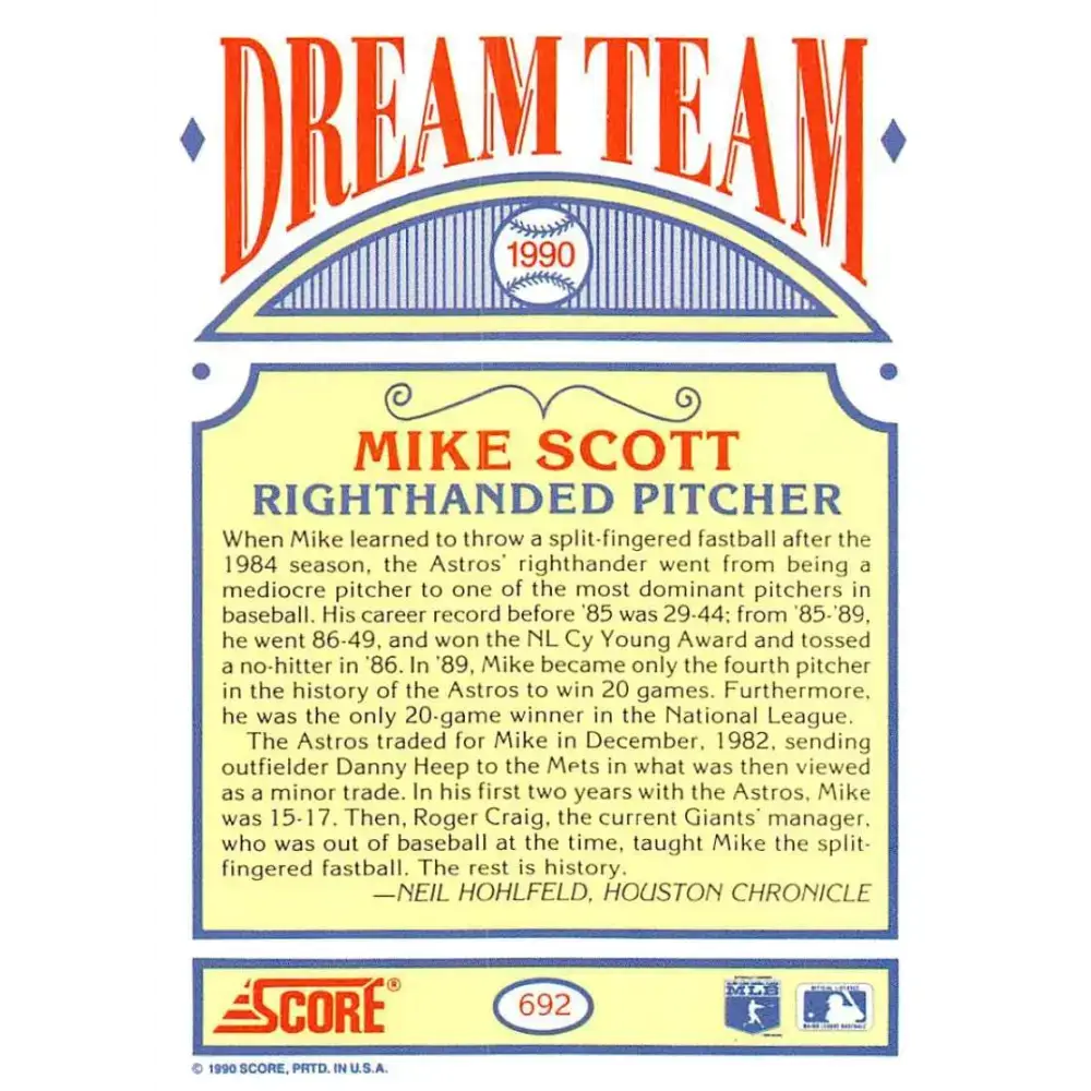 1990 Score #692 Mike Scott DT NM-MT Houston Astros Baseball Card - Baseball Card Single