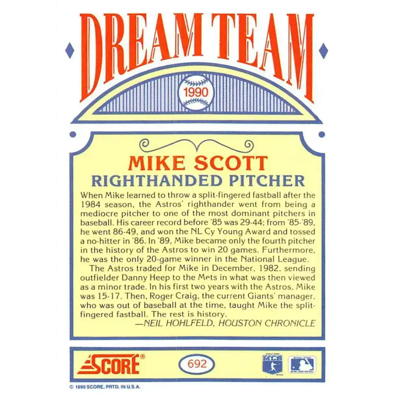 1990 Score #692 Mike Scott DT NM-MT Houston Astros Baseball Card - Baseball Card Single