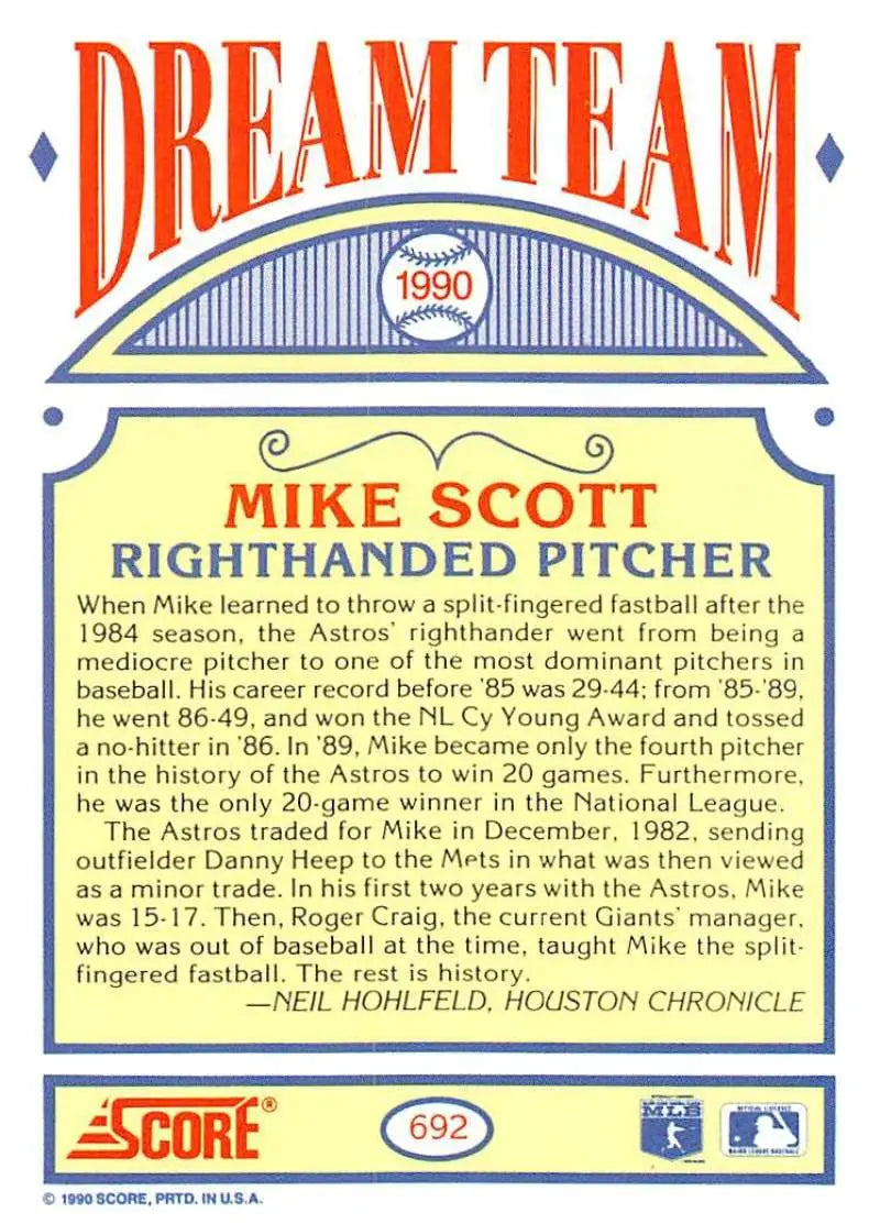 1990 Score #692 Mike Scott EX Excellent Houston Astros Baseball Card - Baseball Card Single