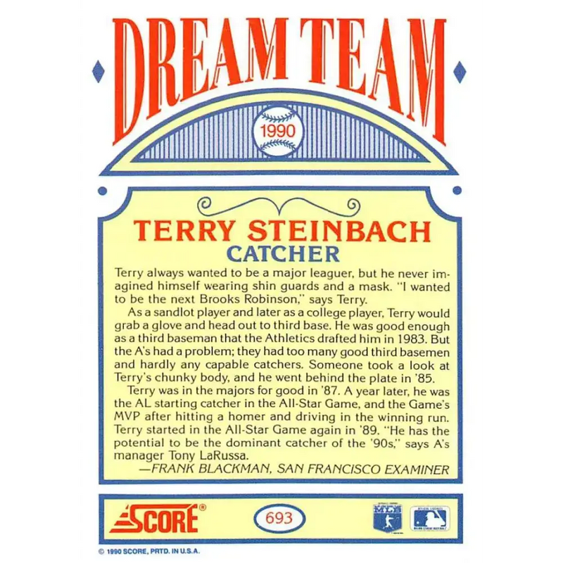 1990 Score #693b Terry Steinbach COR DT NM-MT Oakland Athletics Baseball Card - Baseball Card Single