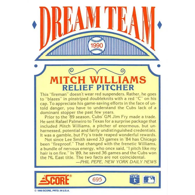 1990 Score #695 Mitch Williams DT NM-MT Chicago Cubs Baseball Card - Baseball Card Single