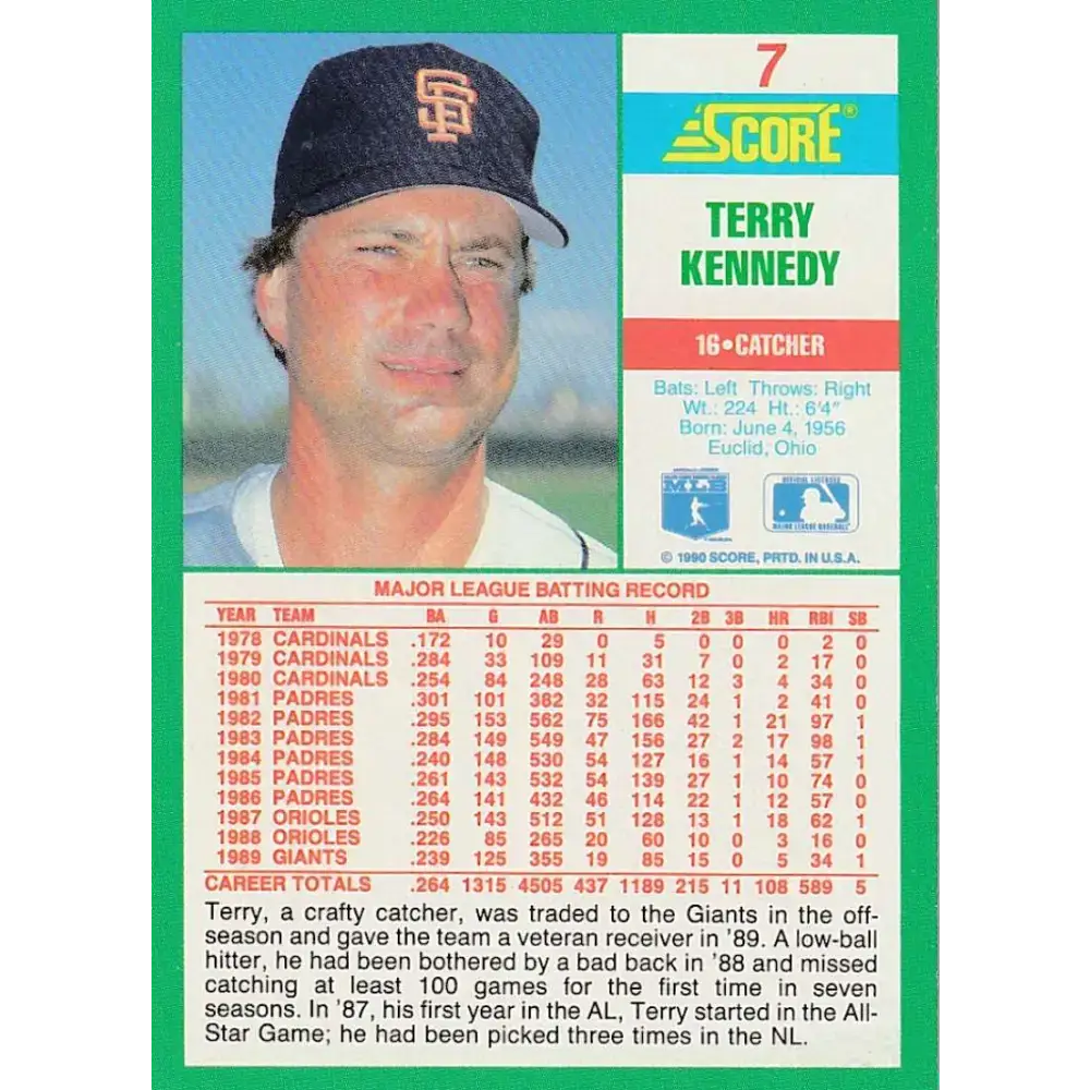 1990 Score #7 Terry Kennedy NM-MT San Francisco Giants Baseball Card - Baseball Card Single