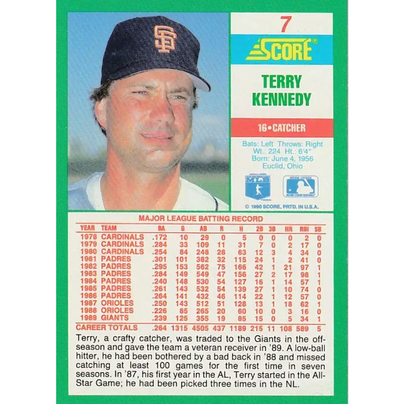 1990 Score #7 Terry Kennedy NM-MT San Francisco Giants Baseball Card - Baseball Card Single