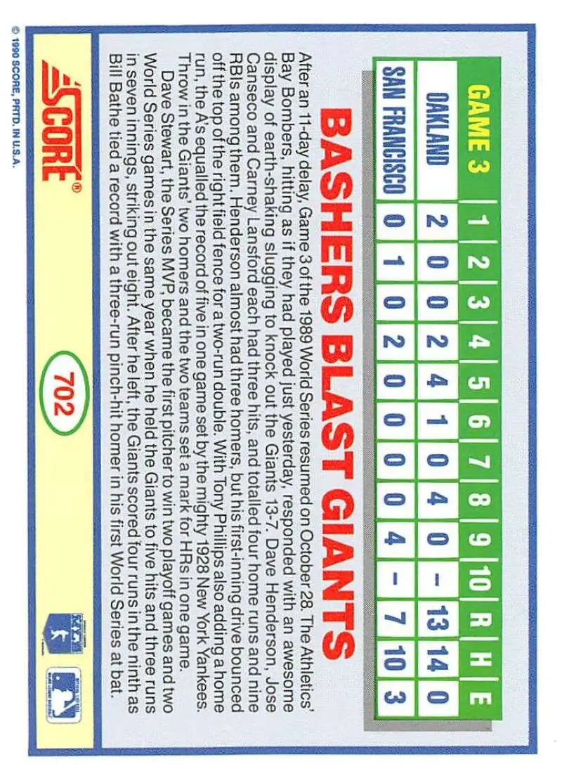 1990 Score #702 WS Game 3 EX Excellent Oakland Athletics/San Francisco Giants Baseball Card - Baseball Card Single