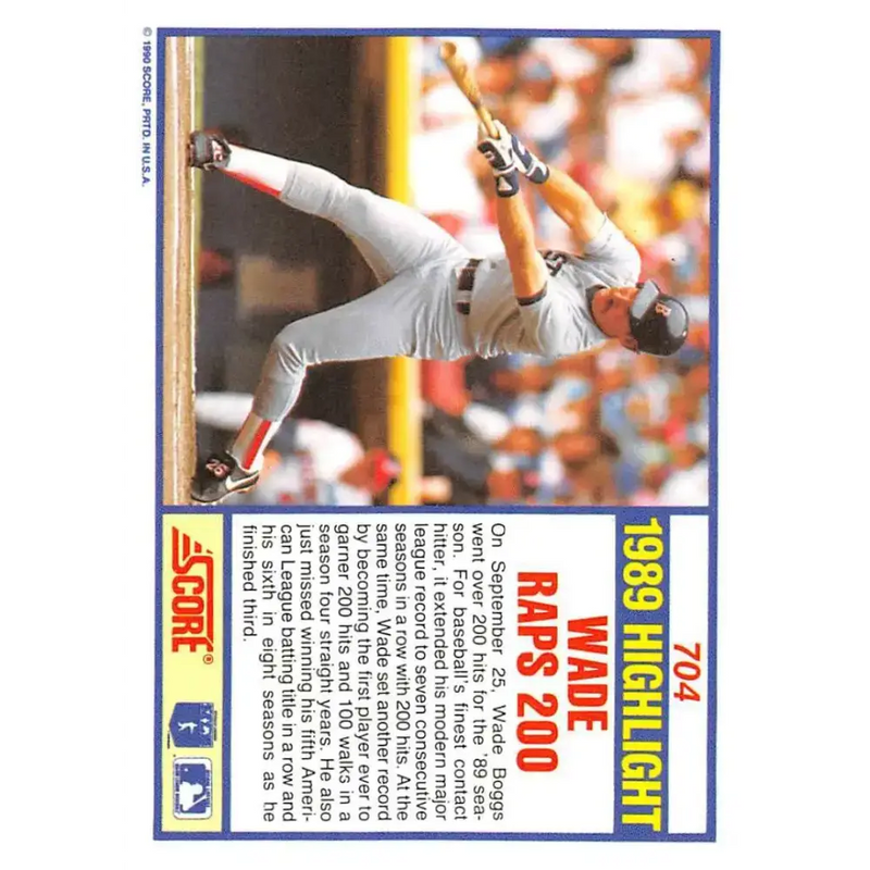 1990 Score #704 Wade Boggs HL NM-MT Boston Red Sox Baseball Card - Baseball Card Single