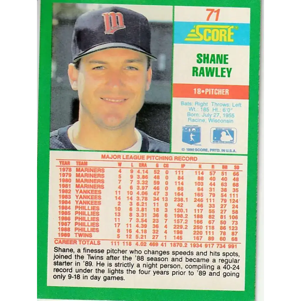 1990 Score #71 Shane Rawley NM-MT Minnesota Twins Baseball Card - Baseball Card Single