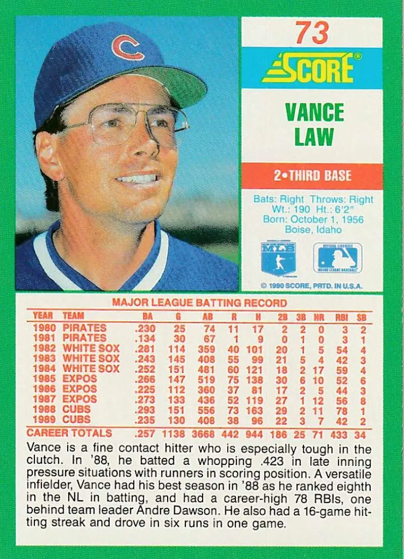 1990 Score #73 Vance Law EX Excellent Chicago Cubs Baseball Card - Baseball Card Single