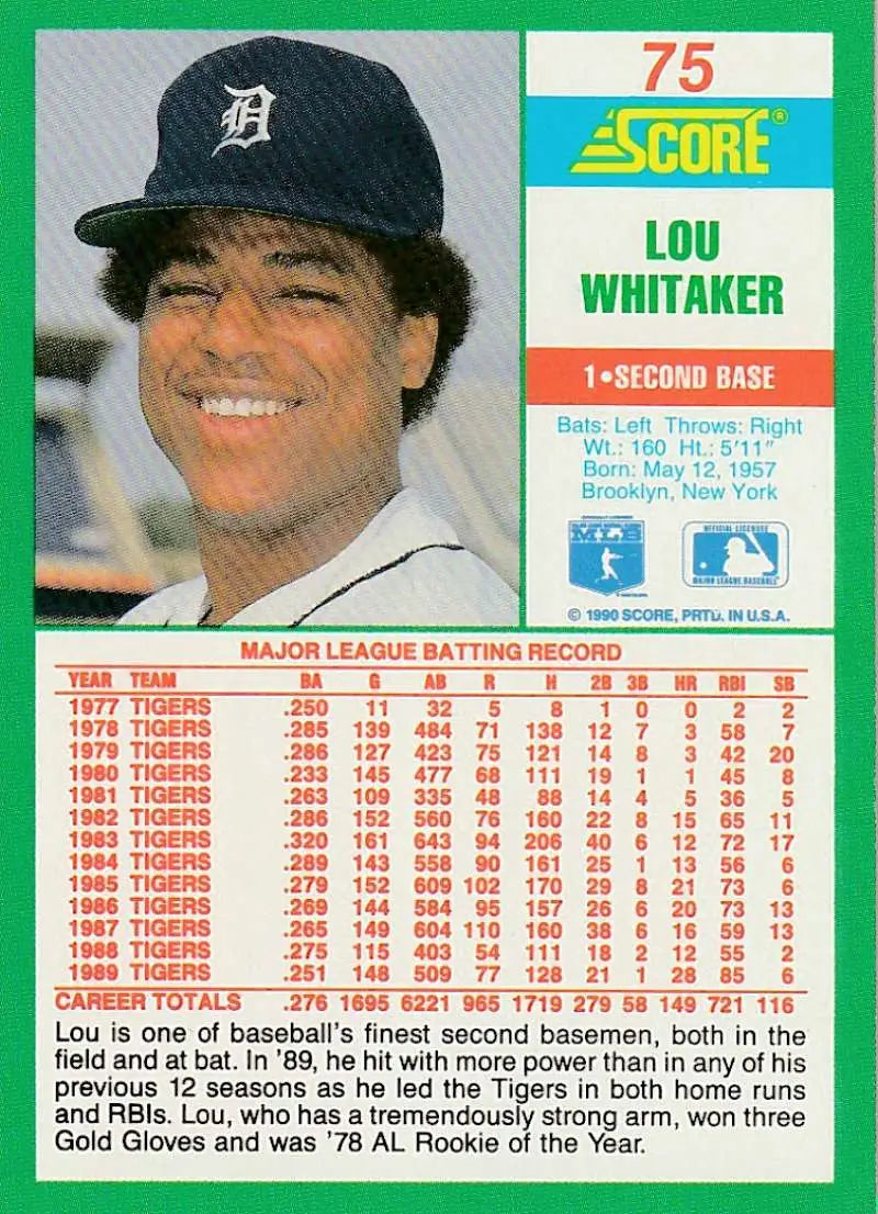1990 Score #75 Lou Whitaker EX Excellent Detroit Tigers Baseball Card - Baseball Card Single