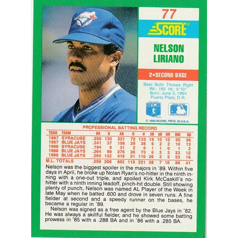 1990 Score #77 Nelson Liriano NM-MT Toronto Blue Jays Baseball Card - Baseball Card Single