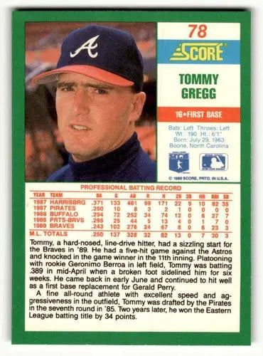 1990 Score #78 Tommy Gregg Atlanta Braves Baseball Cards ID:52785 - Baseball Card Single