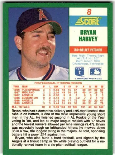 Original gloss baseball card featuring Bryan Harvey from 1990 Score #8 in perfect condition