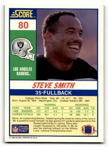 Original gloss 1990 Score Steve Smith Los Angeles Raiders football card front