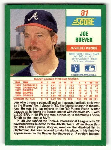 1990 Score #81 Joe Boever Atlanta Braves Baseball Cards ID:52809 - Baseball Card Single