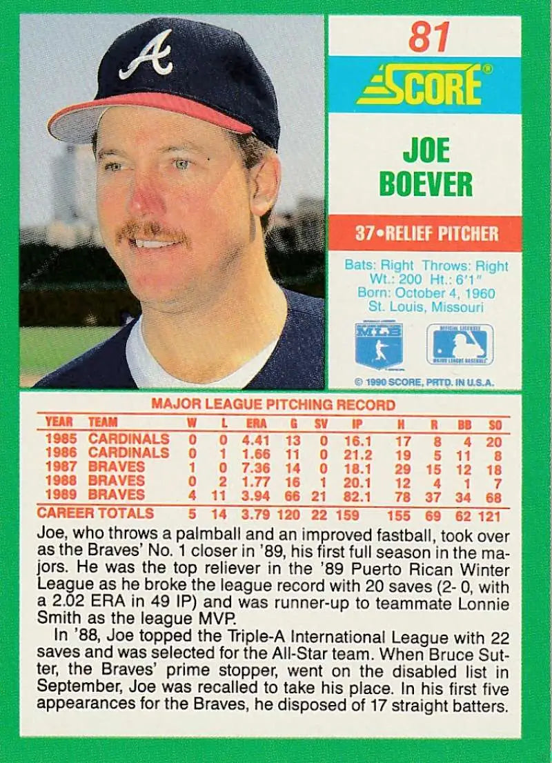 1990 Score #81 Joe Boever EX Excellent Atlanta Braves Baseball Card - Baseball Card Single