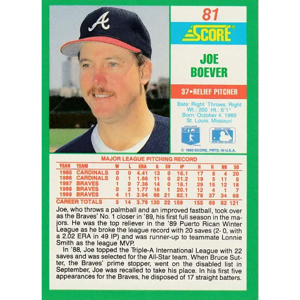 1990 Score #81 Joe Boever NM-MT Atlanta Braves Baseball Card - Baseball Card Single