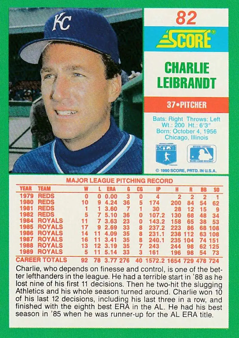 1990 Score #82 Charlie Leibrandt EX Excellent Kansas City Royals Baseball Card - Baseball Card Single