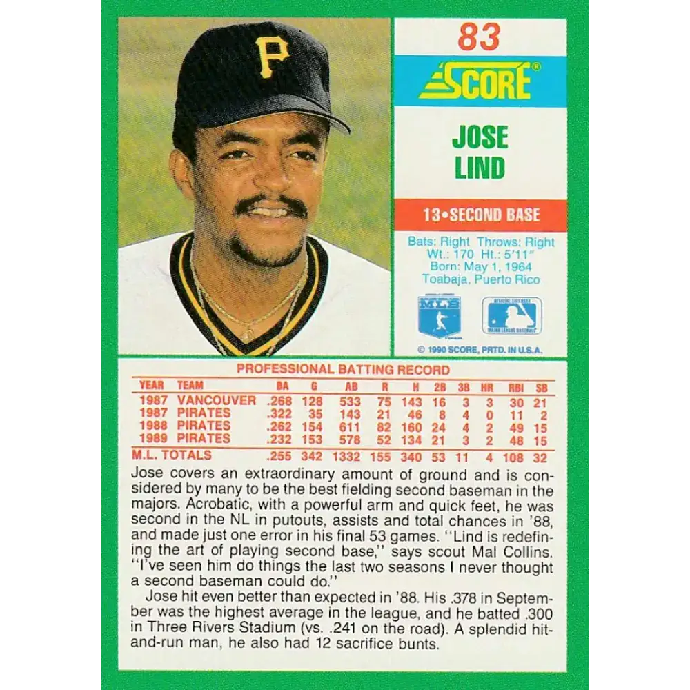 1990 Score #83 Jose Lind NM-MT Pittsburgh Pirates Baseball Card - Baseball Card Single