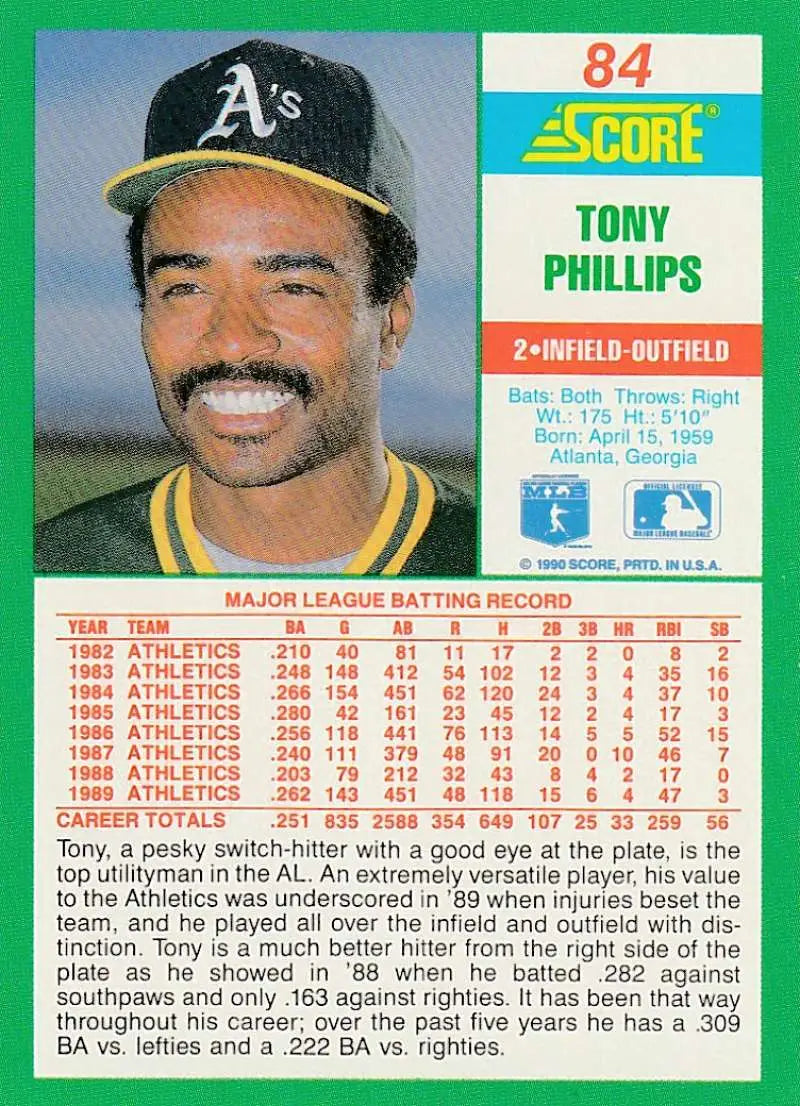 1990 Score #84 Tony Phillips EX Excellent Oakland Athletics Baseball Card - Baseball Card Single