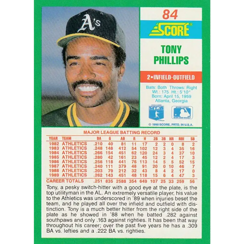 1990 Score #84 Tony Phillips NM-MT Oakland Athletics Baseball Card - Baseball Card Single