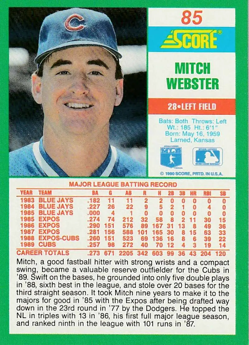 1990 Score #85 Mitch Webster EX Excellent Chicago Cubs Baseball Card - Baseball Card Single