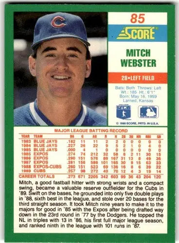 Original gloss Mitch Webster baseball card from 1990 Score #85 featuring Simply Sandoval