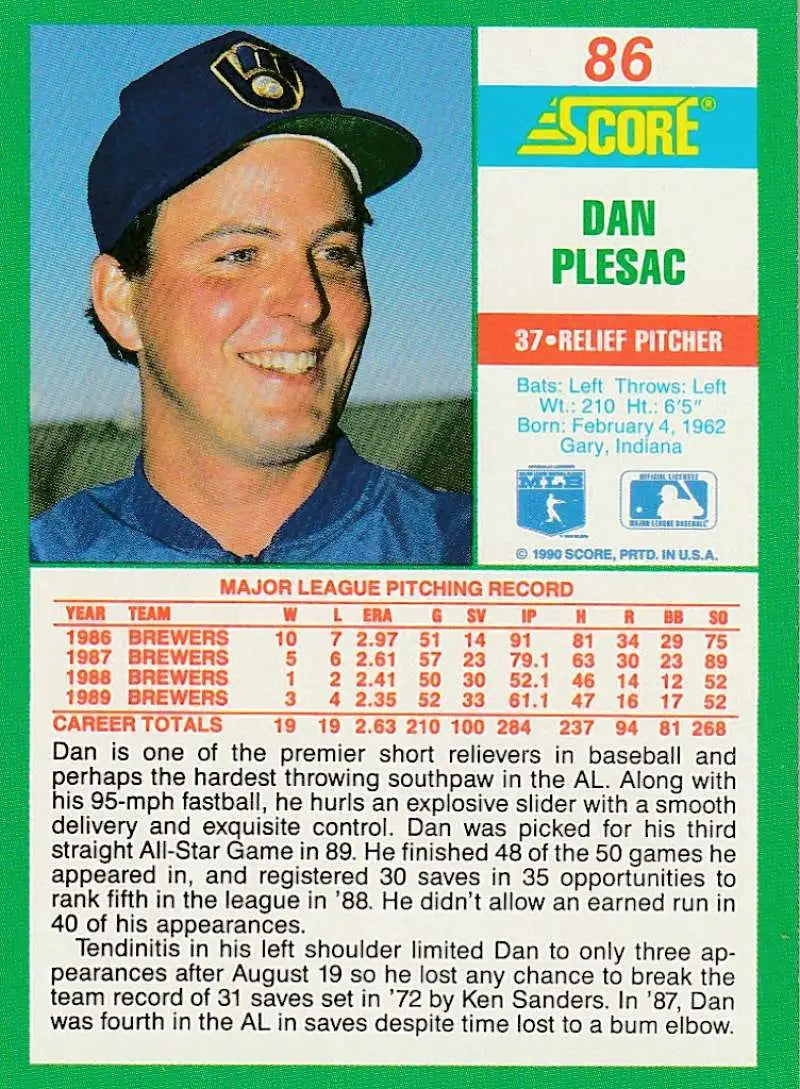 1990 Score #86 Dan Plesac EX Excellent Milwaukee Brewers Baseball Card - Baseball Card Single