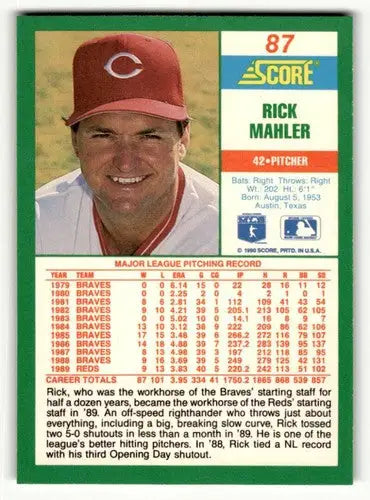 Original gloss 1990 Score Rick Mahler Cincinnati Reds baseball card displayed