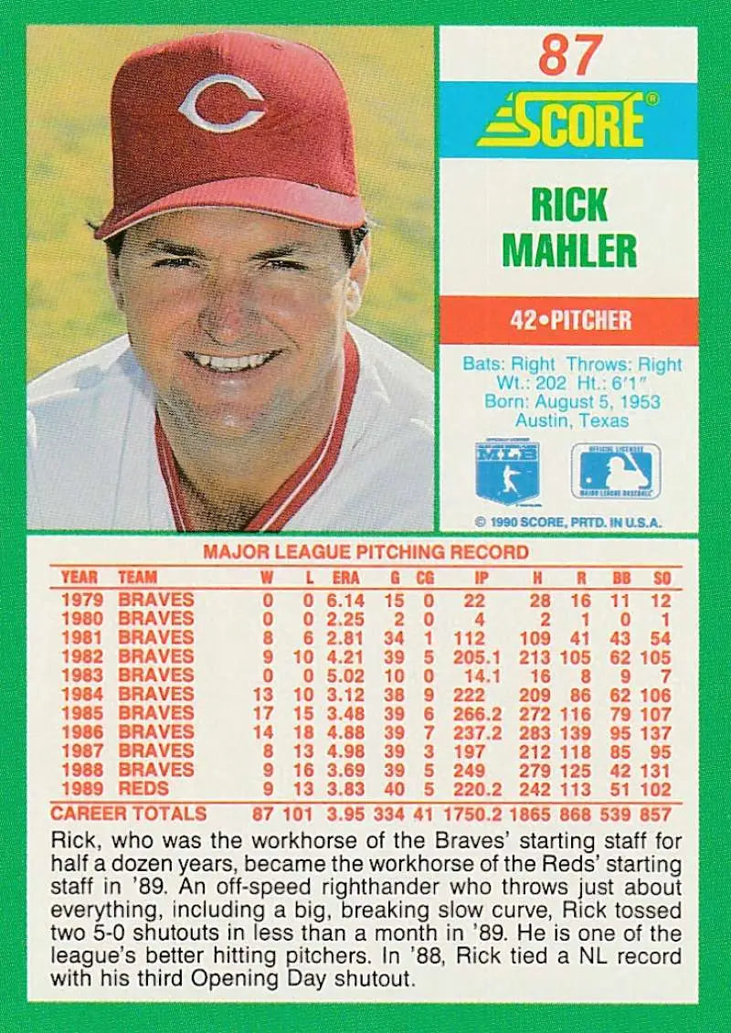 1990 Score #87 Rick Mahler EX Excellent Cincinnati Reds Baseball Card - Baseball Card Single
