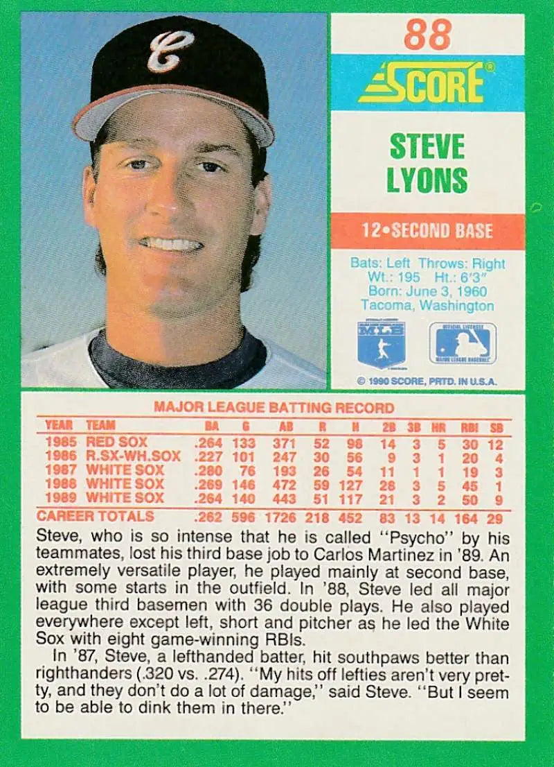 1990 Score #88 Steve Lyons EX Excellent Chicago White Sox Baseball Card - Baseball Card Single