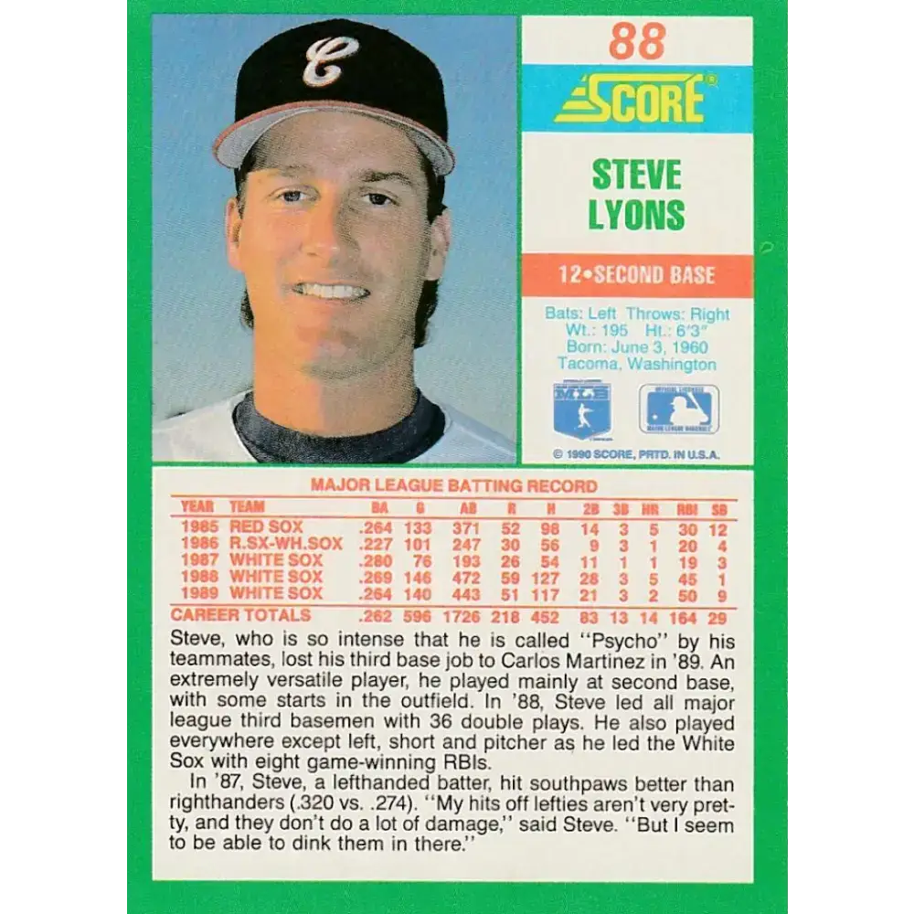 1990 Score #88 Steve Lyons NM-MT Chicago White Sox Baseball Card - Baseball Card Single
