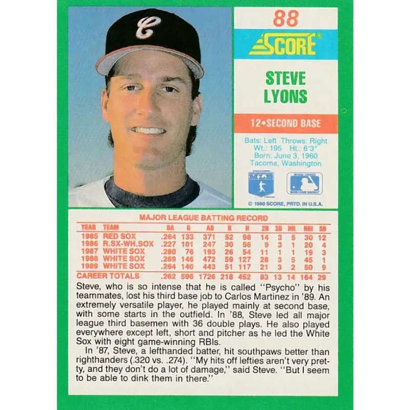 1990 Score #88 Steve Lyons NM-MT Chicago White Sox Baseball Card - Baseball Card Single