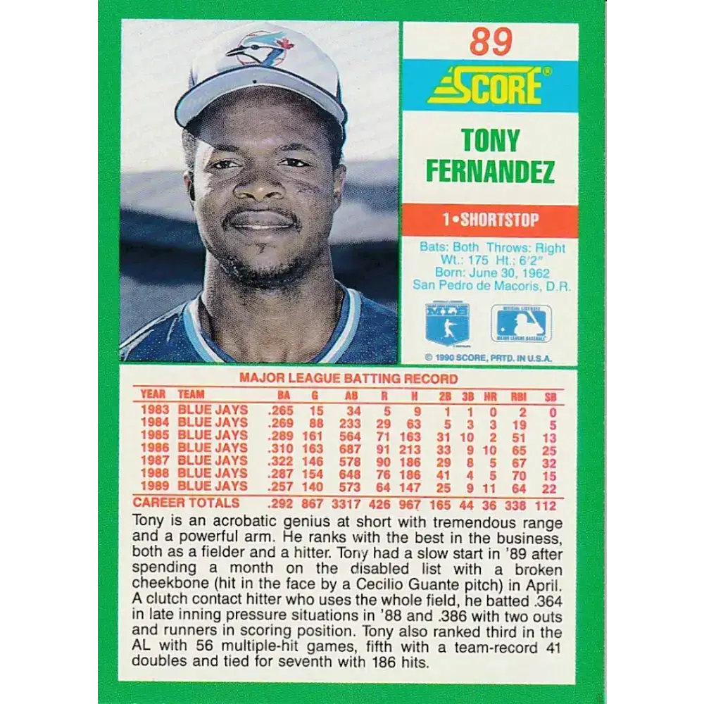 1990 Score #89 Tony Fernandez NM-MT Toronto Blue Jays Baseball Card - Baseball Card Single