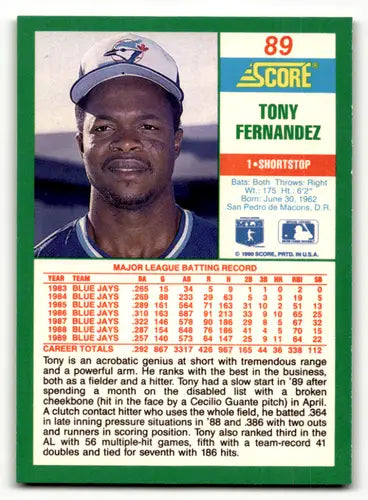 Tony Fernandez baseball card with original gloss from 1990 Score #89 Blue Jays