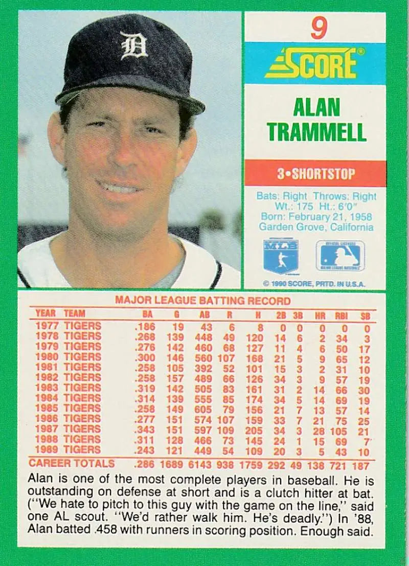 1990 Score #9 Alan Trammell EX Excellent Detroit Tigers Baseball Card - Baseball Card Single