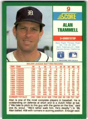Original gloss Alan Trammell baseball card from 1990 Score #9 displayed in Simply Sandoval