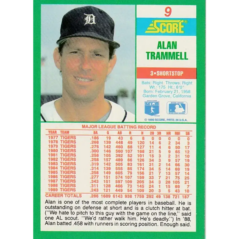 1990 Score #9 Alan Trammell NM-MT Detroit Tigers Baseball Card - Baseball Card Single