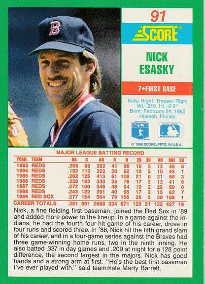 1991 Score baseball card of Nick Esasky, first baseman for the Boston Red Sox