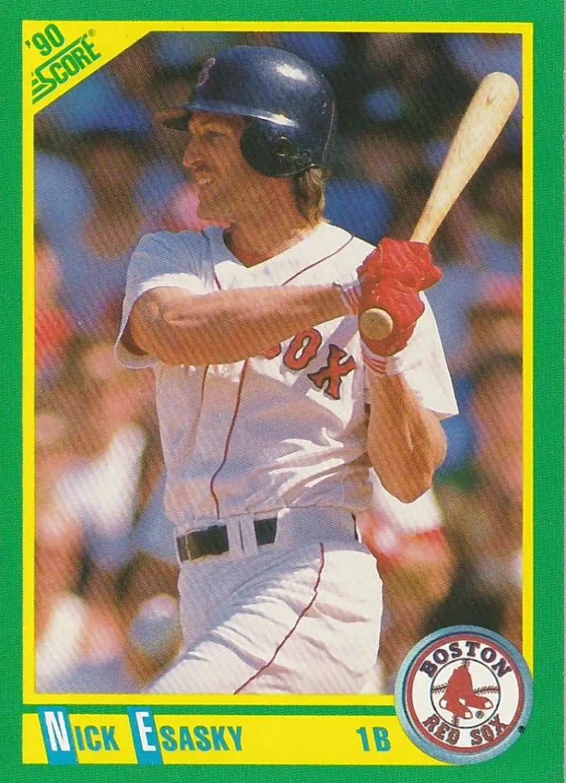 Baseball card of Boston Red Sox player Nick Esasky in white home uniform at bat